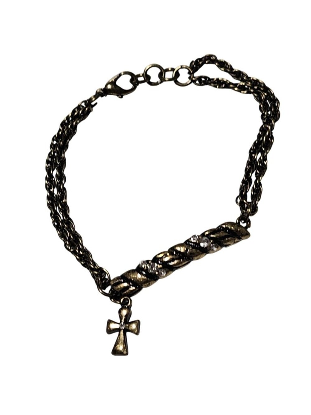 Antique Cross Charm Bracelet Brass Tone Chain Rhinestones Accent Religious Women